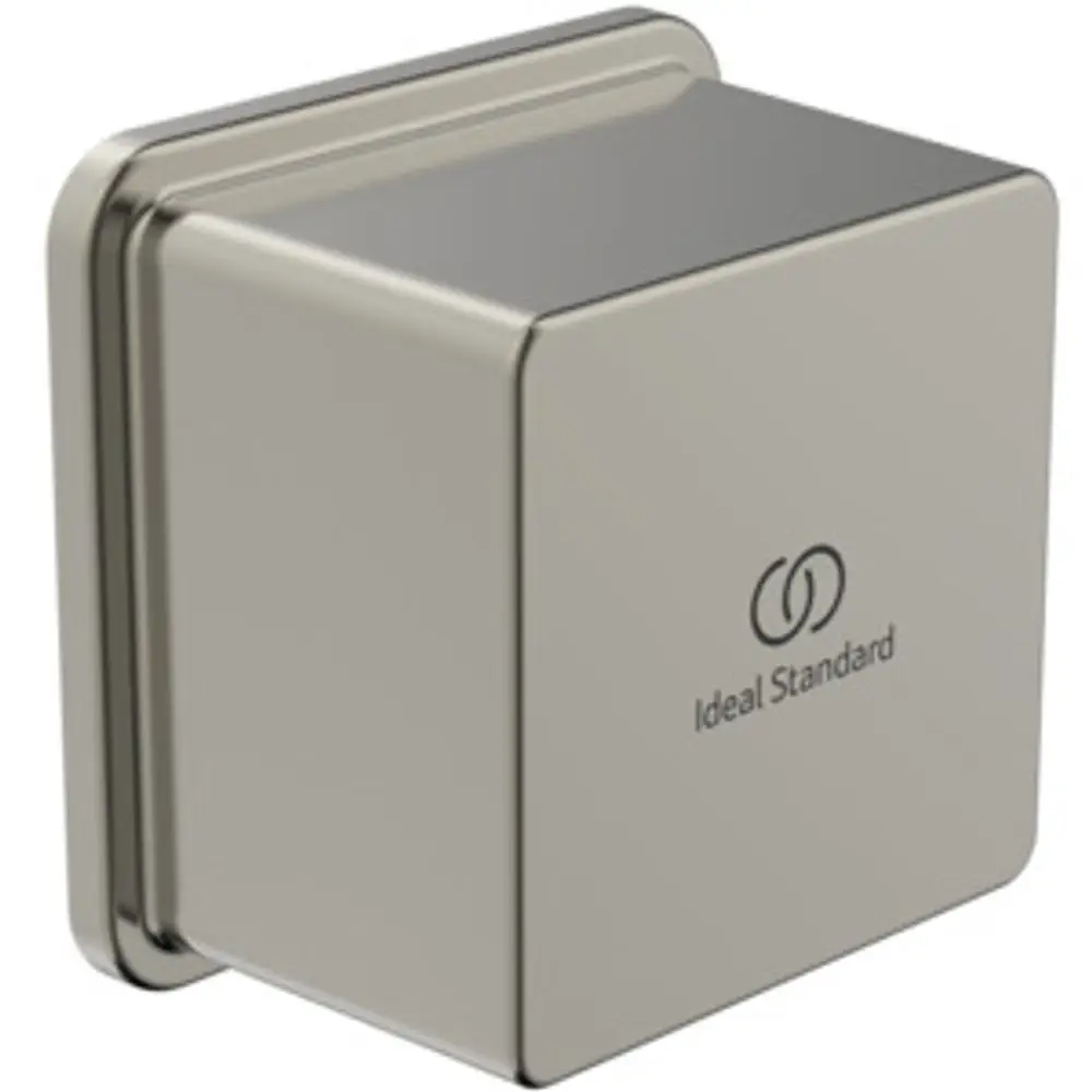 Wandanschluss mit quadratischer Form in Silber, versehen mit dem Logo der Marke Ideal Standard, zur Verbindung eines Brauseschlauchs.